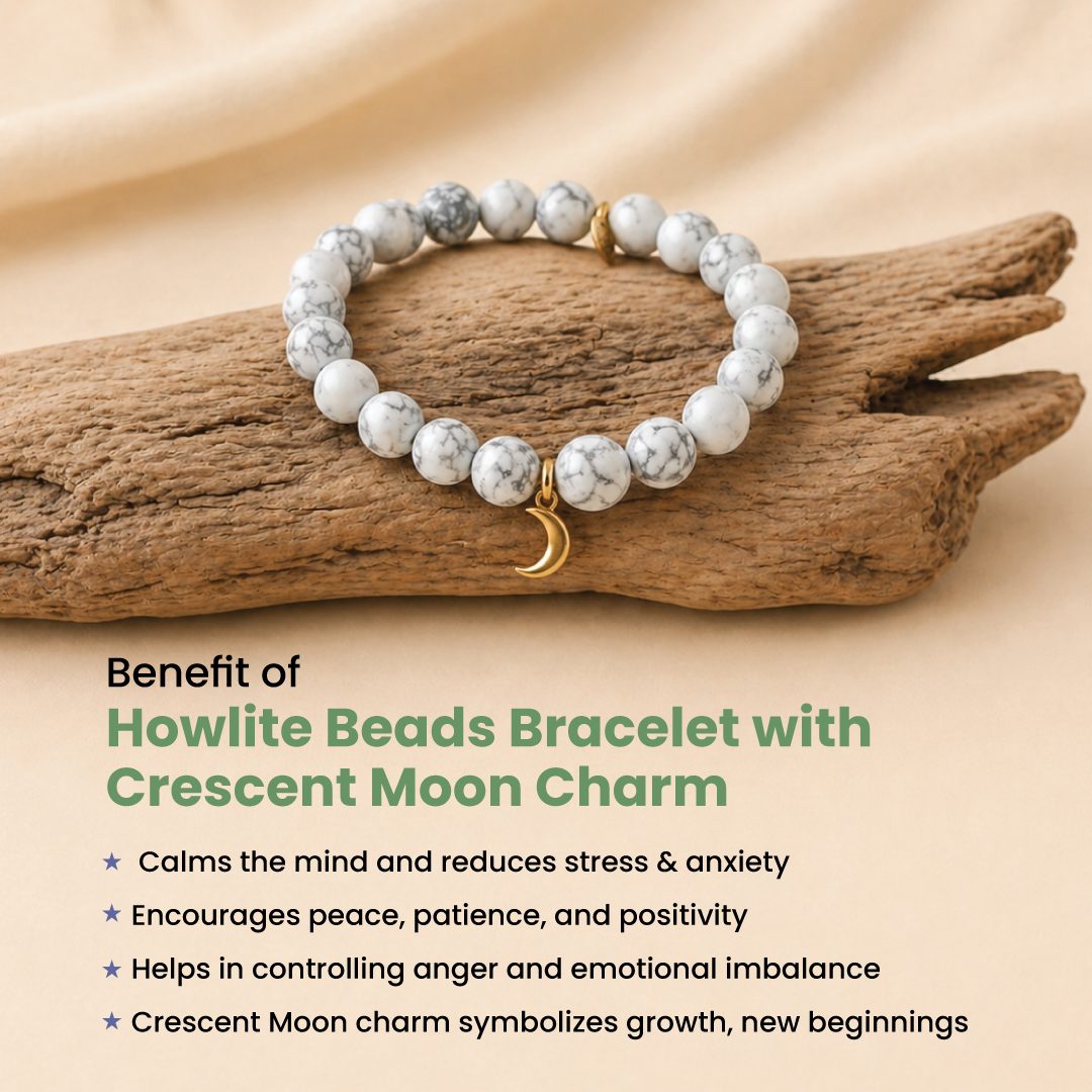 Howlite Beads Bracelet with Crescent Moon Charm