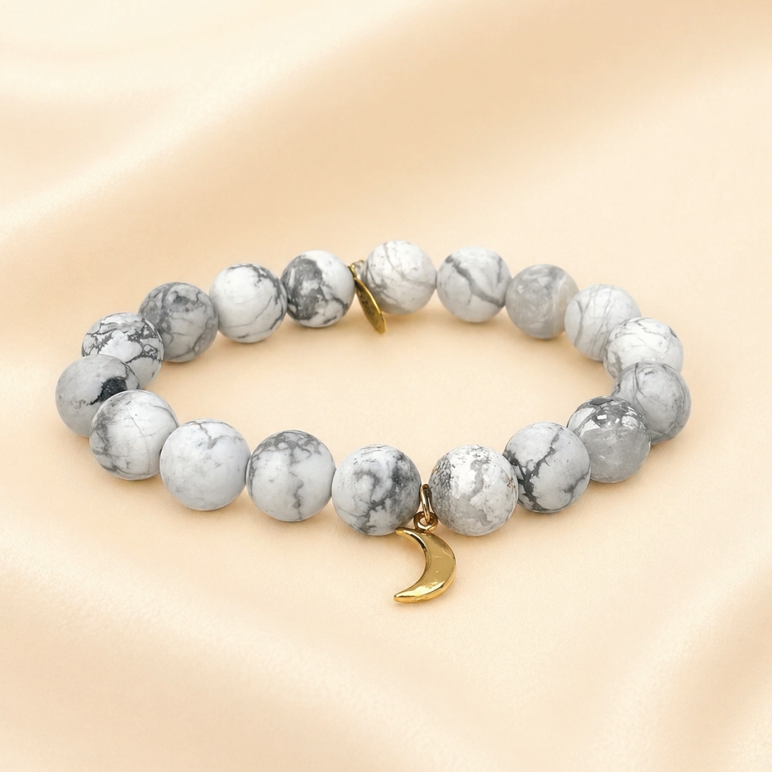Howlite Beads Bracelet with Crescent Moon Charm