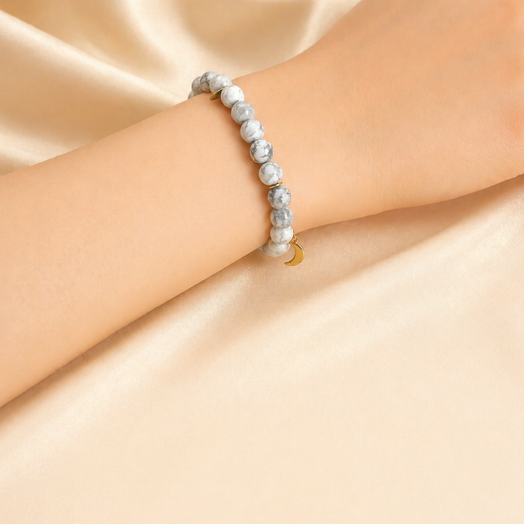 Howlite Beads Bracelet with Crescent Moon Charm