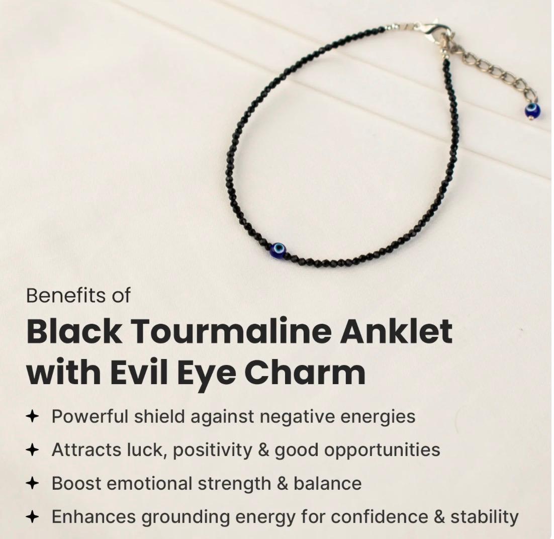 Black Tourmaline Anklet with Evil Eye Charm