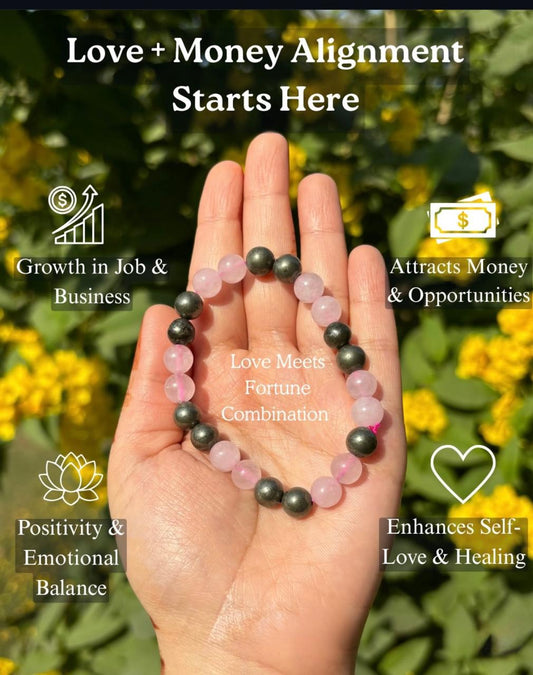 Rose Quartz & Pyrite Bracelet – Love and Money Alignment | Manifestation Crystal Jewelry