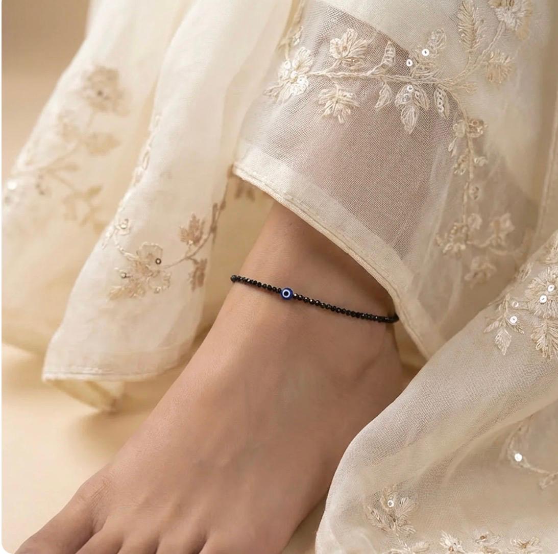 Black Tourmaline Anklet with Evil Eye Charm