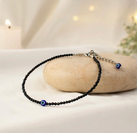 Black Tourmaline Anklet with Evil Eye Charm